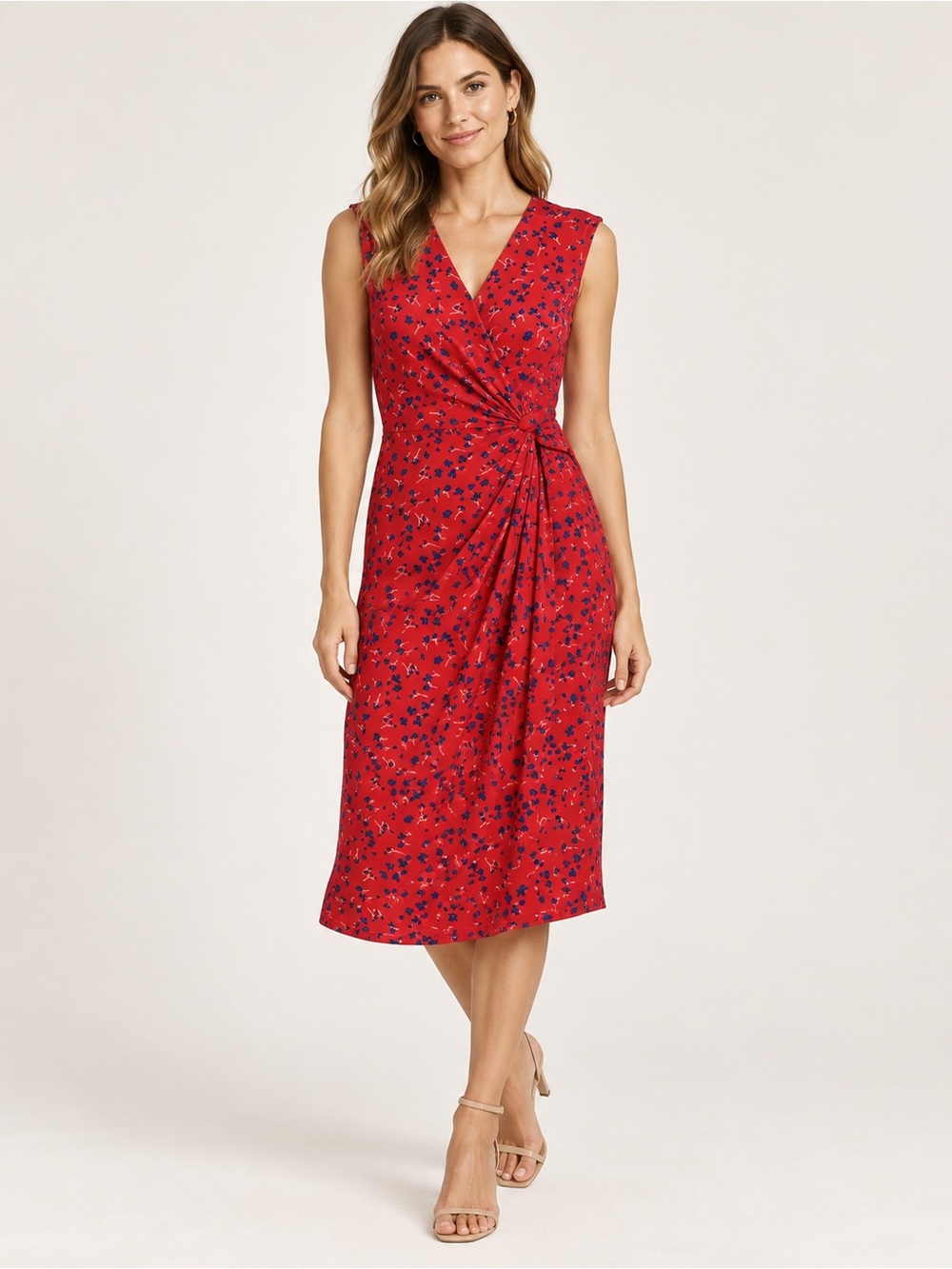 Banana Republic Red Sleeveless Floral Twist-Waist Midi Dress